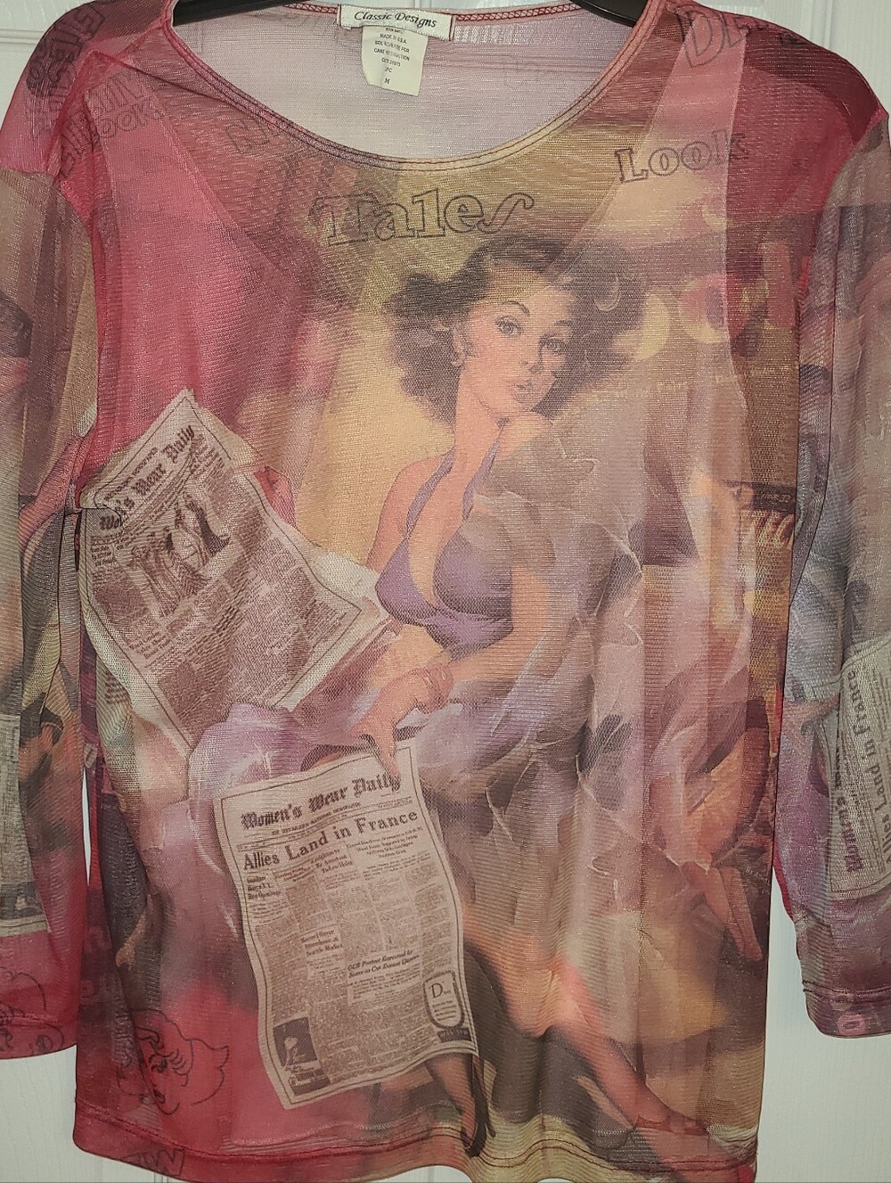 Classic Designs Sheer Vintage Pinup Print Top - Pink/Purple